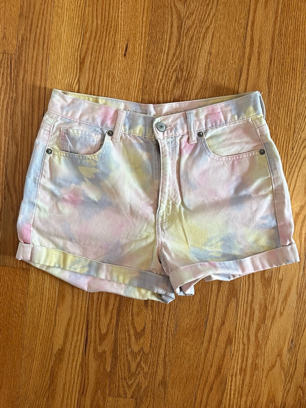 American Eagle Outfitters Pastel Tie-Dye Pink Yellow Blue Jean Shorts